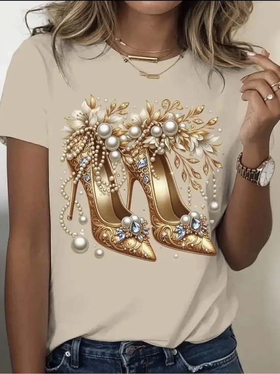 Tops - Elegant Pearl-Embellished Gold Heels Graphic Tee - Women Shoes